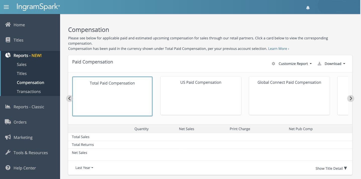 Image shows a screenshot of IngramSpark's compensation report generator for authors