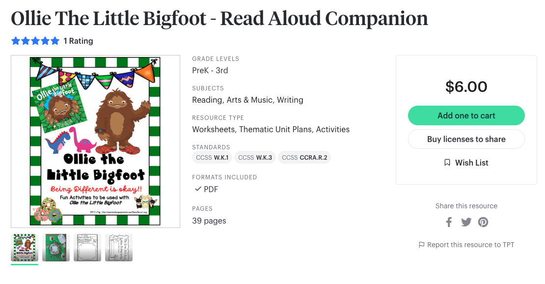 Image of Ollie the Little Bigfoot listing on Teachers Pay Teachers website