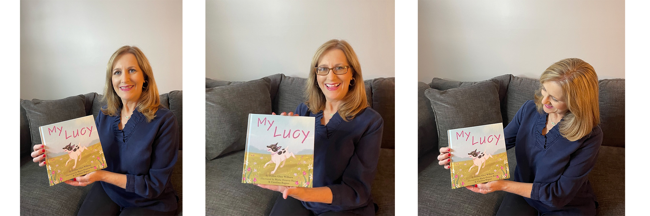 Picture book author Debbie Wilburn holds her debut book, My Lucy, in a series of three photos. She wears a blue blouse and sits on a dark grey couch.