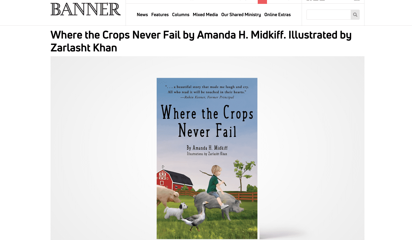 Image shows the Banner website, home of a Christian magazine that reviewed Amanda H. Midkiff's middle grade book, Where the Crops Never Fail.