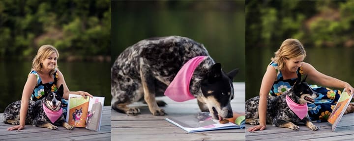 Amy Myers-Koon sits on a dock with her dog, Olive, and her first picture book, Olive Gets a Tummy Ache.